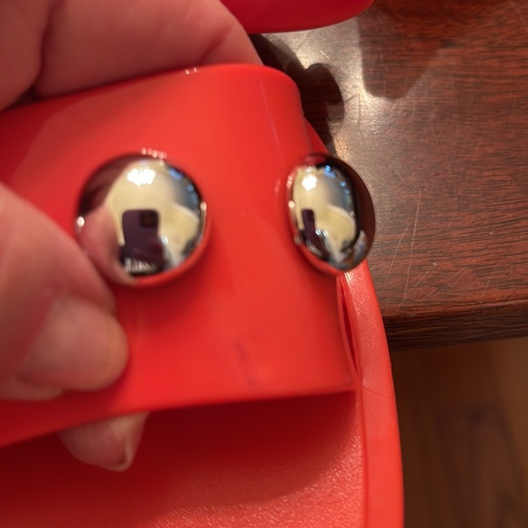 Schutz Red Slide Sandals with Gold Accents - Picture 5 of 6